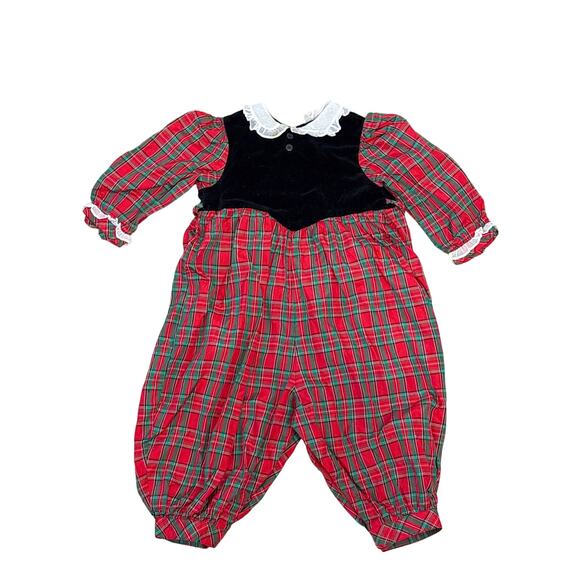 Vintage 90s Christmas outfit jumper 24 mo plaid frilly snaps velvet retro - Picture 1 of 6